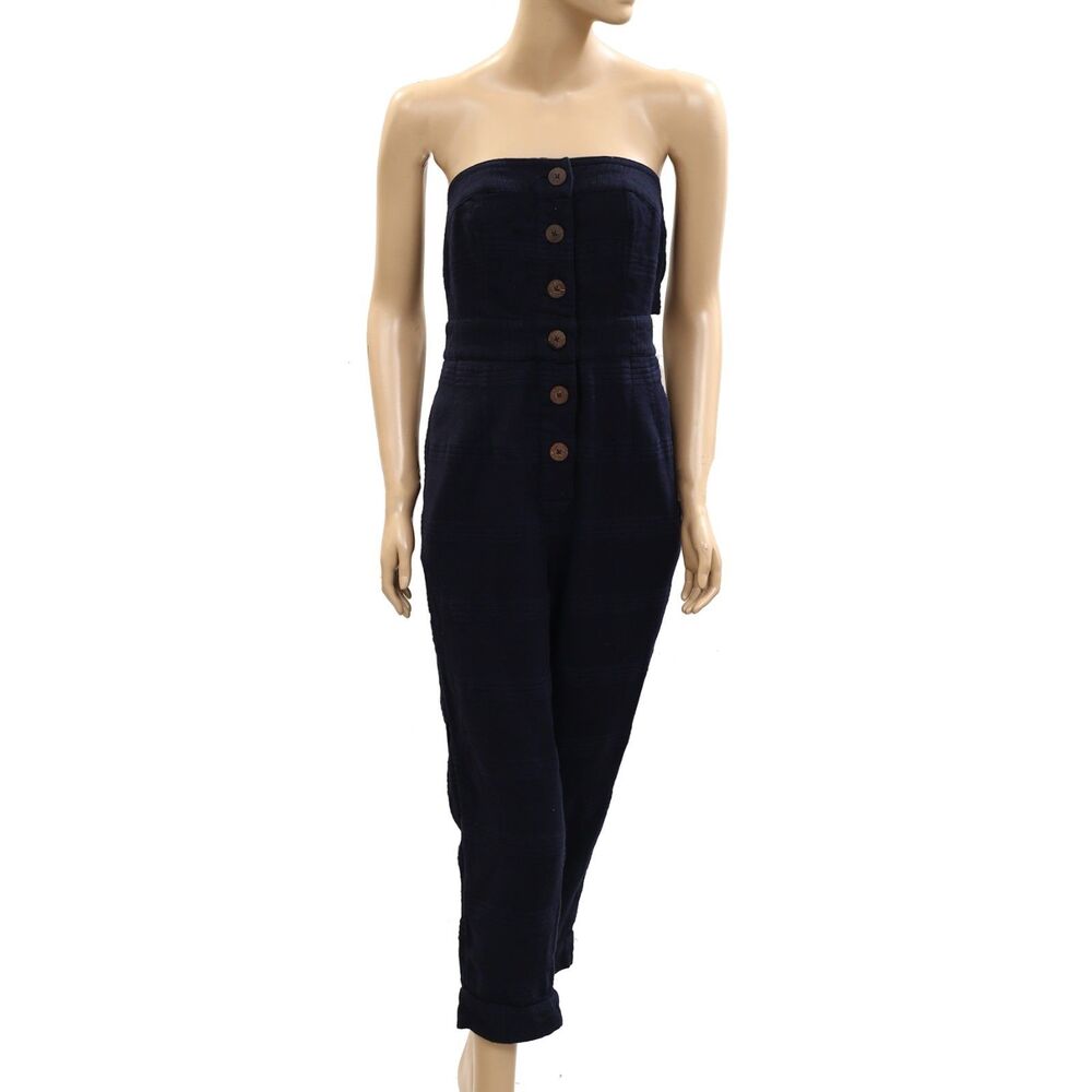 Free People Free Est Tube Jumpsuit Smocked Cutout Cotton Navy Solid S 284656
